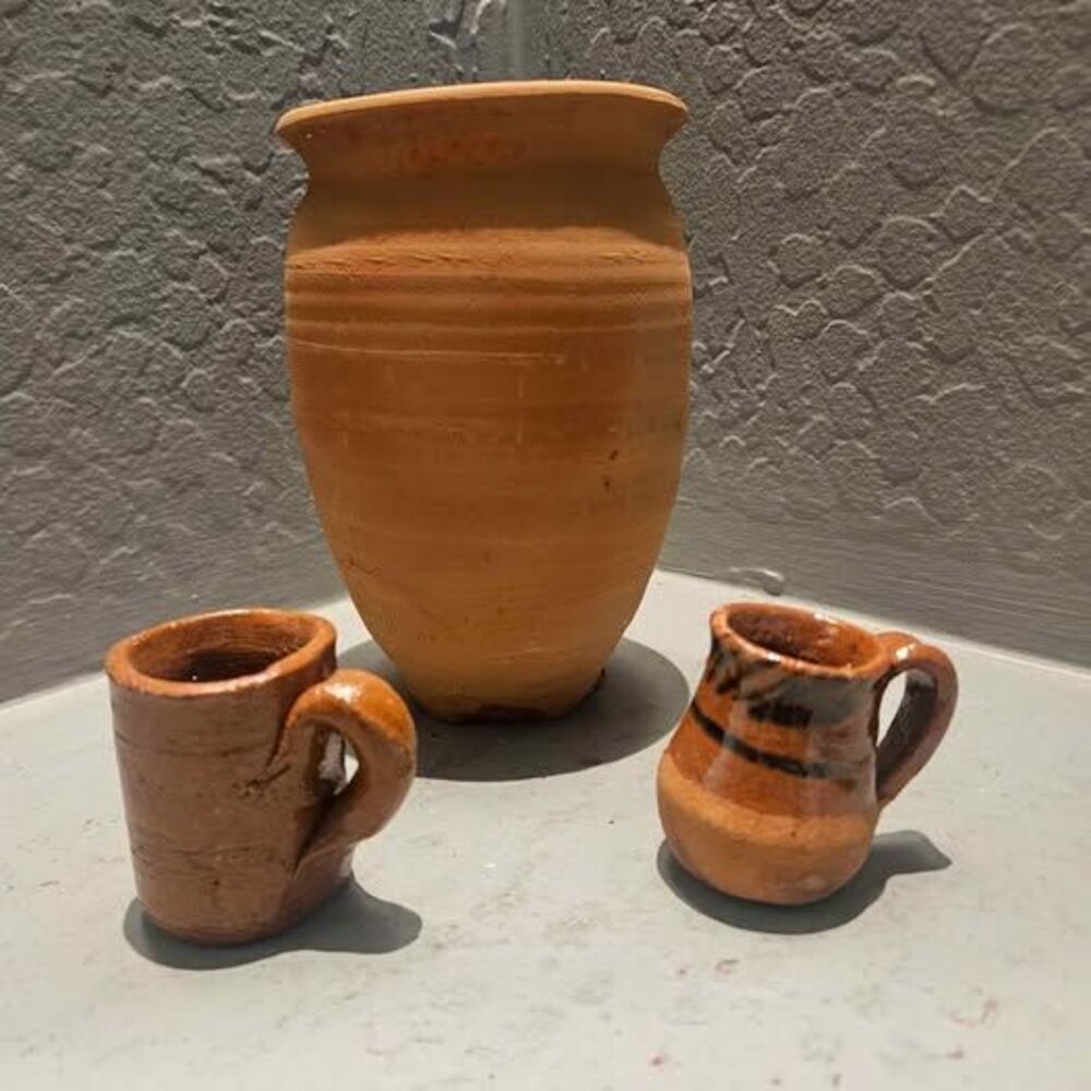 Terracotta Pottery Pitcher and Two Mini Cups